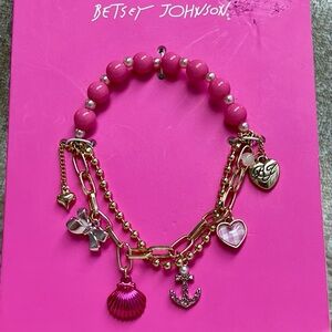 Brand New Betsey Johnson Pink & Gold Tone Stretch Bracelet Nautical Beach Hearts